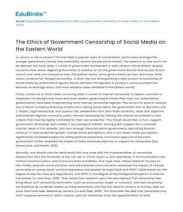 The Ethics of Government Censorship of Social Media on the Eastern World