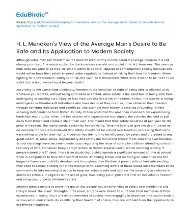 H L Mencken on Safety in Modern Society