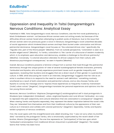 Oppression and Inequality in Nervous Conditions