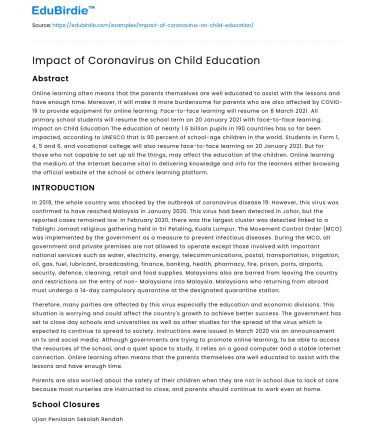 Impact of Coronavirus on Child Education