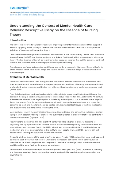 Context of Mental Health Care Delivery: Nursing Theory Essence