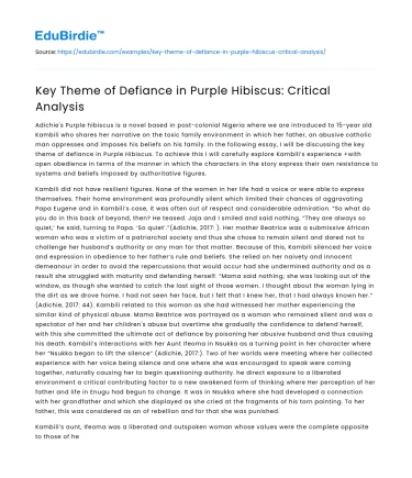 Key Theme of Defiance in Purple Hibiscus: Critical Analysis