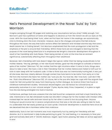 Nel’s Personal Development in the Novel ‘Sula’ by Toni Morrison
