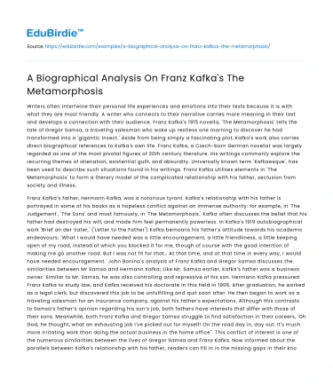 A Biographical Analysis On Franz Kafka’s The Metamorphosis