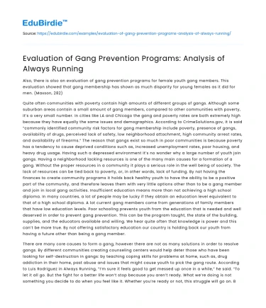 Evaluation of Gang Prevention Programs: Analysis of Always Running