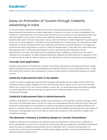 Essay on Promotion of Tourism through Celebrity Advertising in India