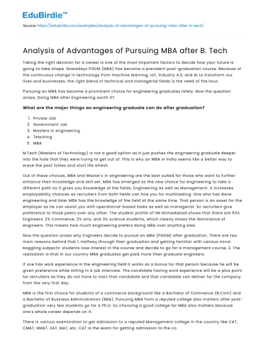 Analysis of Advantages of Pursuing MBA after B. Tech