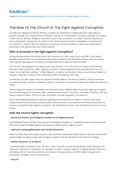 The Role Of The Church In The Fight Against Corruption