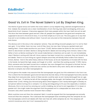 Good Vs. Evil In The Novel Salem’s Lot By Stephen King.