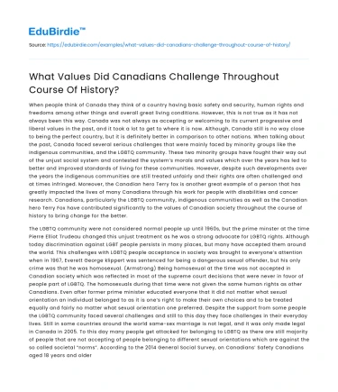 What Values Did Canadians Challenge Throughout Course Of History?