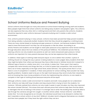School Uniforms Reduce and Prevent Bullying