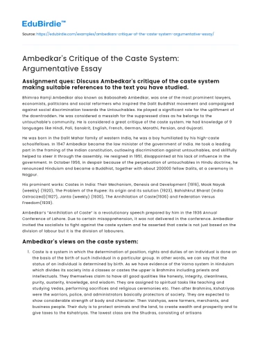 Ambedkar’s Critique of the Caste System: Argumentative Essay