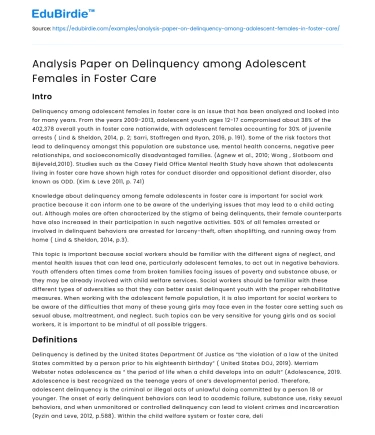 Analysis Paper on Delinquency among Adolescent Females in Foster Care