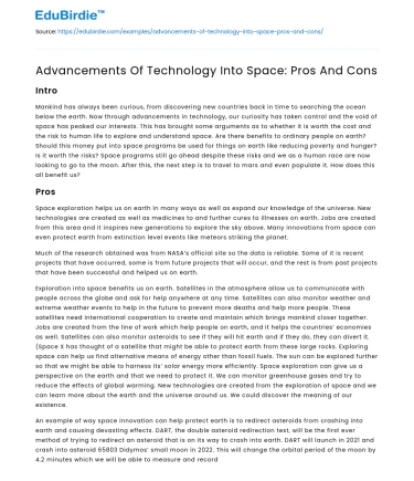 Advancements Of Technology Into Space: Pros And Cons