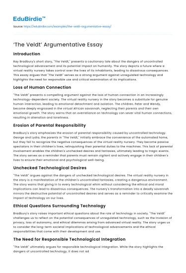 ‘The Veldt’ Argumentative Essay