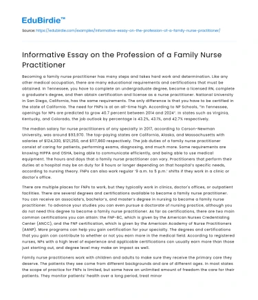 Informative Essay on the Profession of a Family Nurse Practitioner