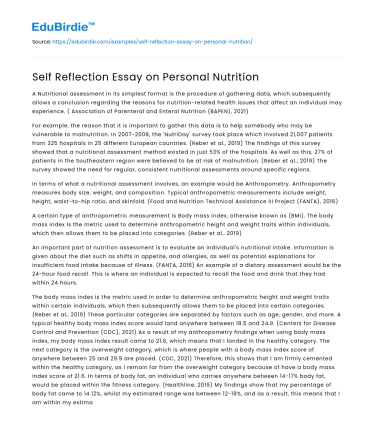 Self Reflection Essay on Personal Nutrition