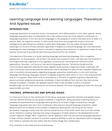 Learning Language And Learning Languages: Theoretical And Applied Issues