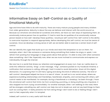 Informative Essay on Self-Control as a Quality of Emotional Maturity