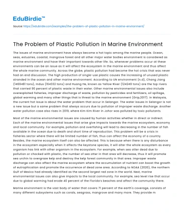 The Problem of Plastic Pollution in Marine Environment