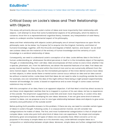 Critical Essay on Locke’s Ideas and Their Relationship with Objects