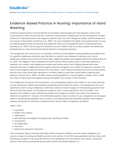 Evidence-Based Practice in Nursing: Importance of Hand Washing