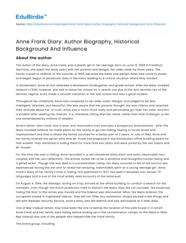 Anne Frank Diary: Author Biography, Historical Background And Influence