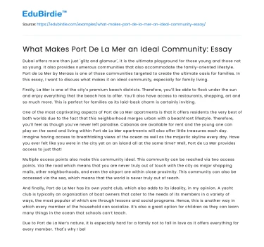 What Makes Port De La Mer an Ideal Community: Essay
