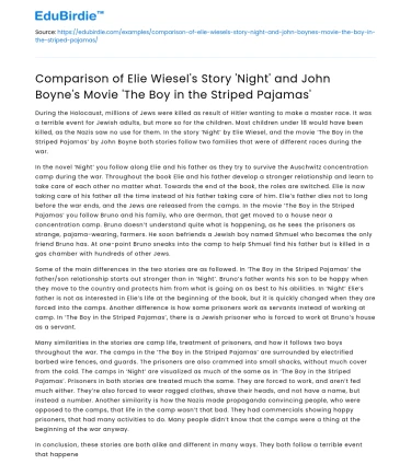 Comparison of Wiesel’s ‘Night’ and Boyne’s ‘Boy in Striped Pajamas’