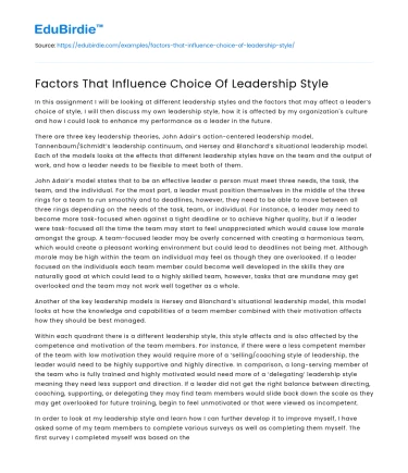 Factors That Influence Choice Of Leadership Style
