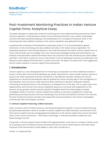 Indian Venture Capital Firms: Post-Investment Monitoring Practices