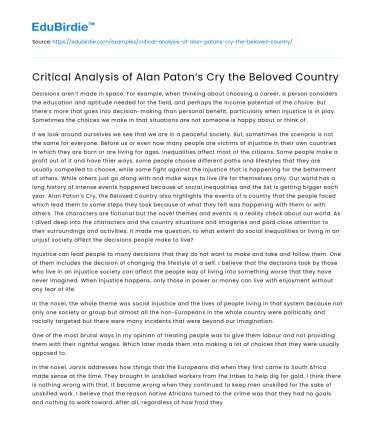 Critical Analysis of Alan Paton’s Cry the Beloved Country