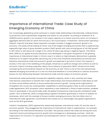 Importance of International Trade: Case Study of Emerging Economy of China