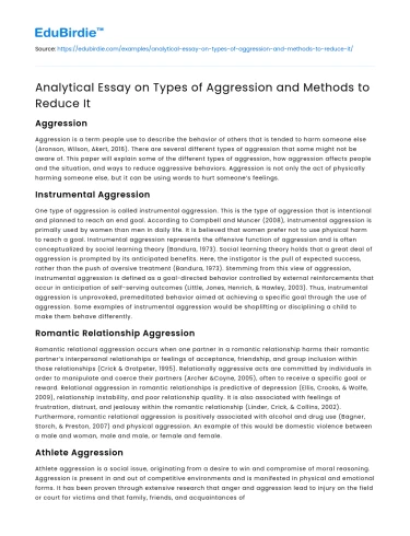 Analytical Essay on Types of Aggression and Methods to Reduce It