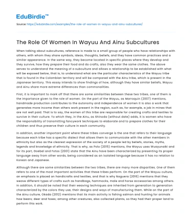 The Role Of Women In Wayuu And Ainu Subcultures
