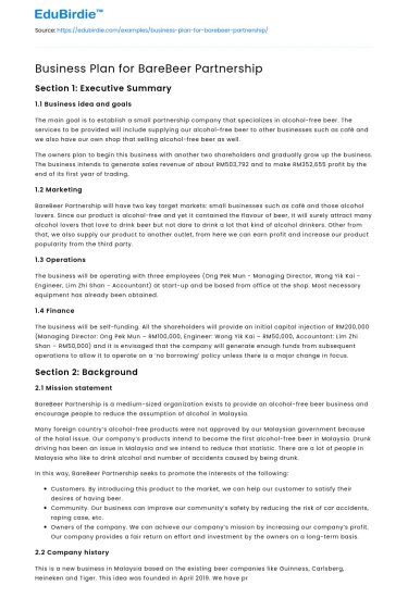 Business Plan for BareBeer Partnership