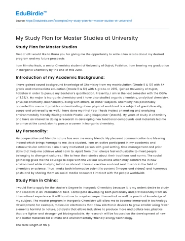 My Study Plan for Master Studies at University