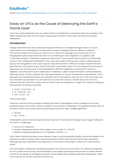 Essay on CFCs as the Cause of Destroying the Earth’s Ozone Layer