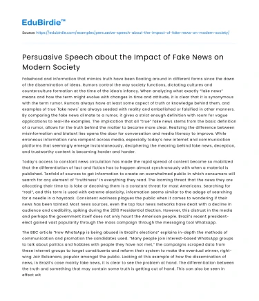 Persuasive Speech about the Impact of Fake News on Modern Society