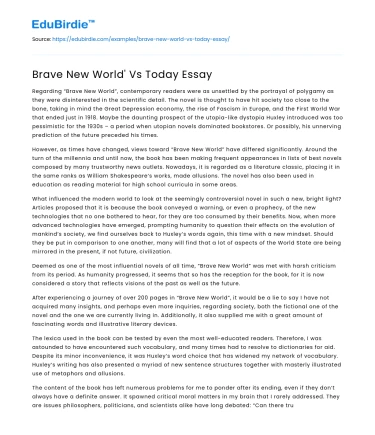 Brave New World’ Vs Today Essay