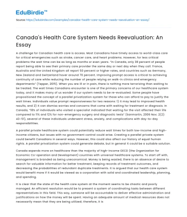 Canada’s Health Care System Needs Reevaluation: An Essay
