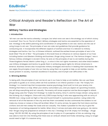 Critical Analysis and Reader’s Reflection on The Art of War