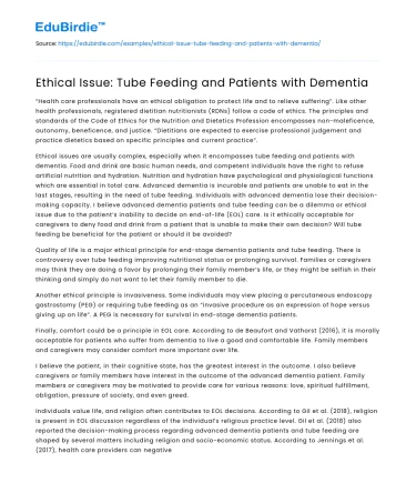 Ethical Issue: Tube Feeding and Patients with Dementia
