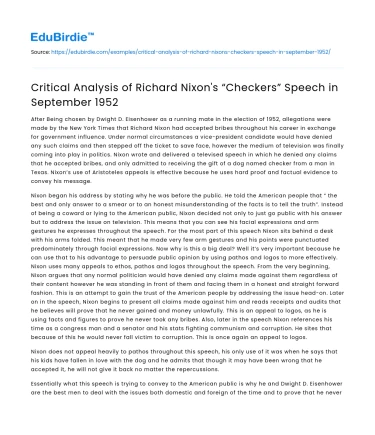 Critical Analysis of Richard Nixon’s “Checkers” Speech in September 1952