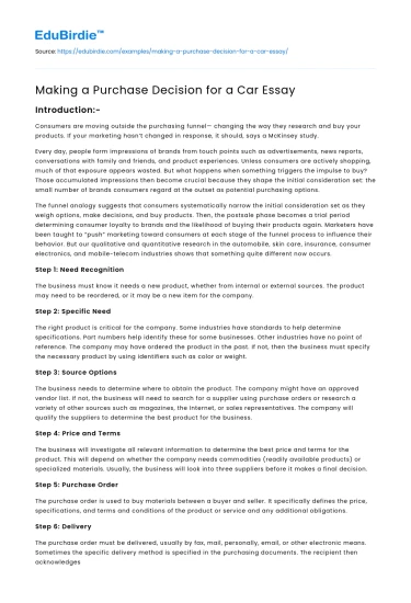 Making a Purchase Decision for a Car Essay