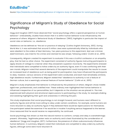Significance of Milgram’s Study of Obedience for Social Psychology