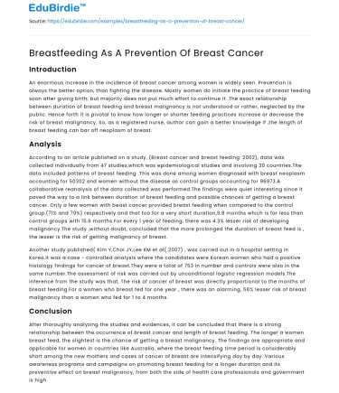 Breastfeeding As A Prevention Of Breast Cancer