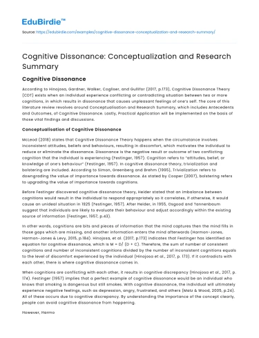 Cognitive Dissonance: Conceptualization and Research Summary