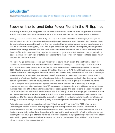 Essay on the Largest Solar Power Plant in the Philippines