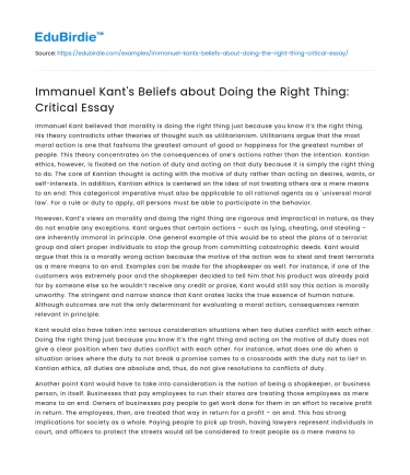 Immanuel Kant’s Beliefs about Doing the Right Thing: Critical Essay
